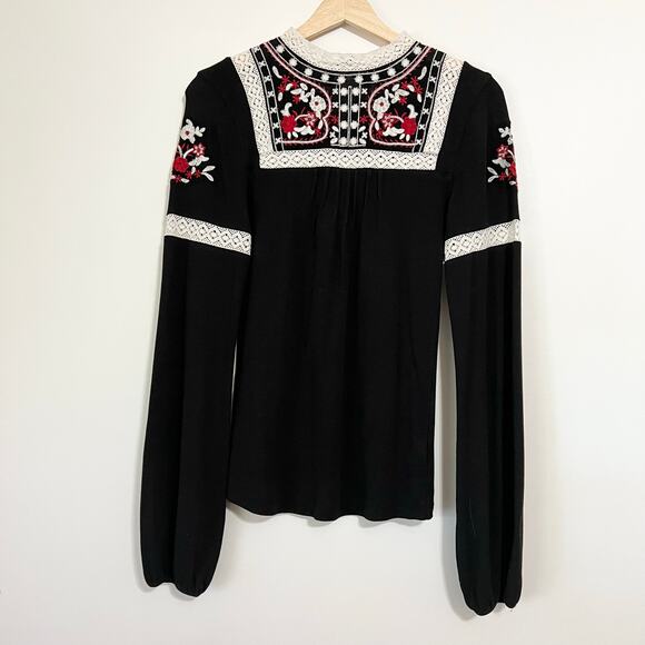 Free People Cozy On Up Embroidered Long Bubble Sleeve Top Black | M - Picture 2 of 10